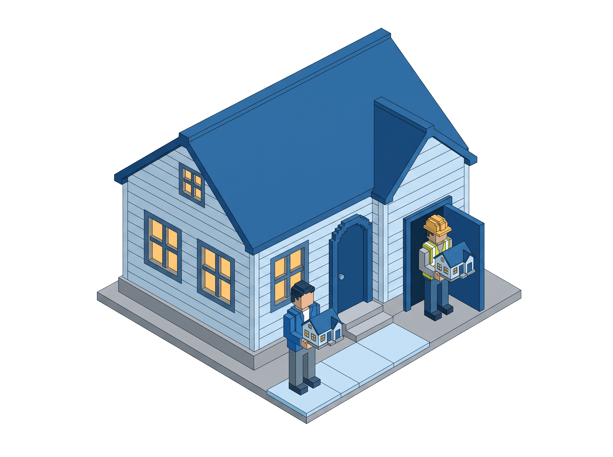 Voxel completed home with warm-lit windows and a homeowner holding a tablet showing project-progress bars, the client sees the same picture the team sees.