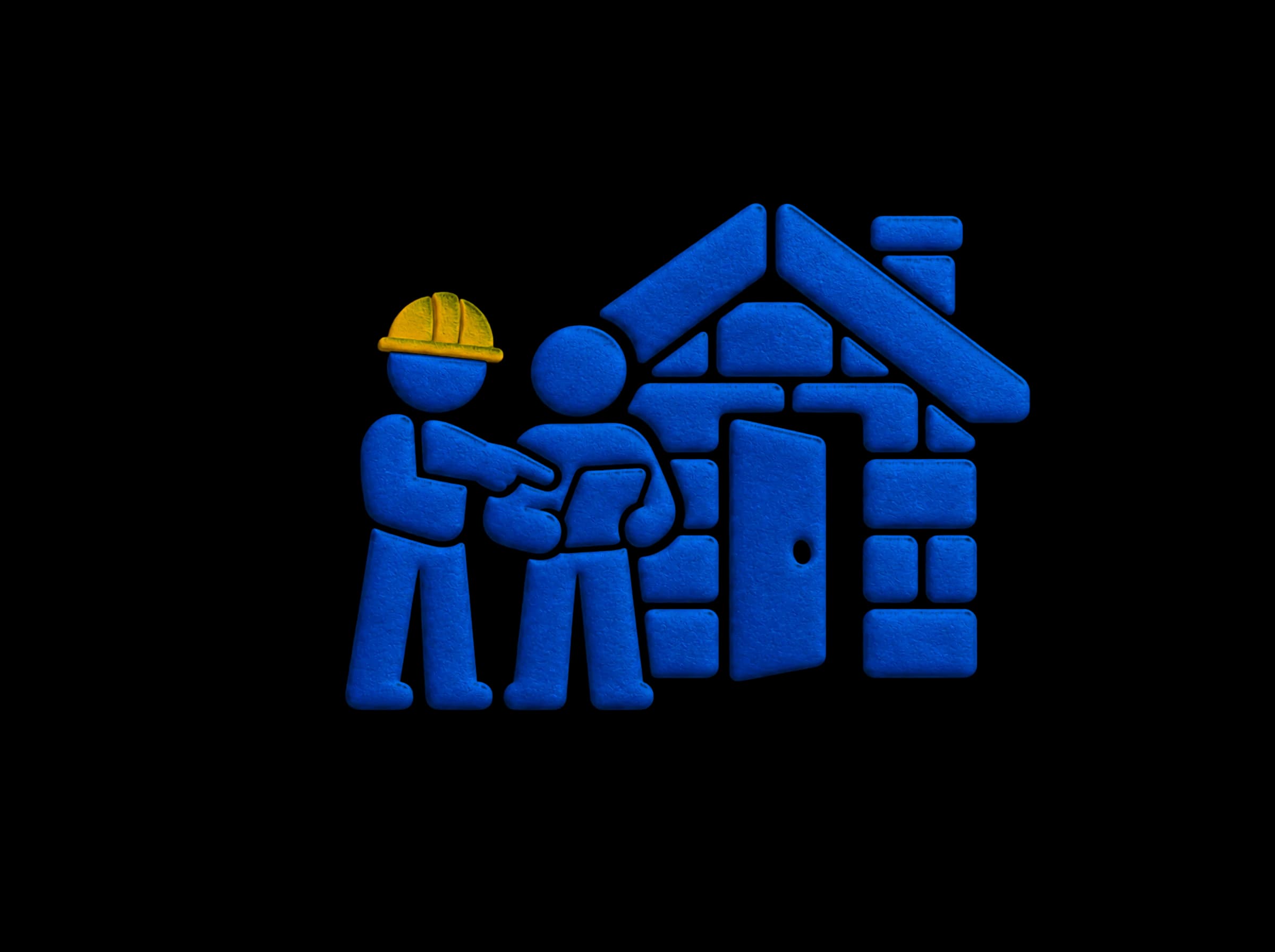 Pressed-paper illustration: a homeowner at the open door of a finished house holding a tablet while the builder points to it.