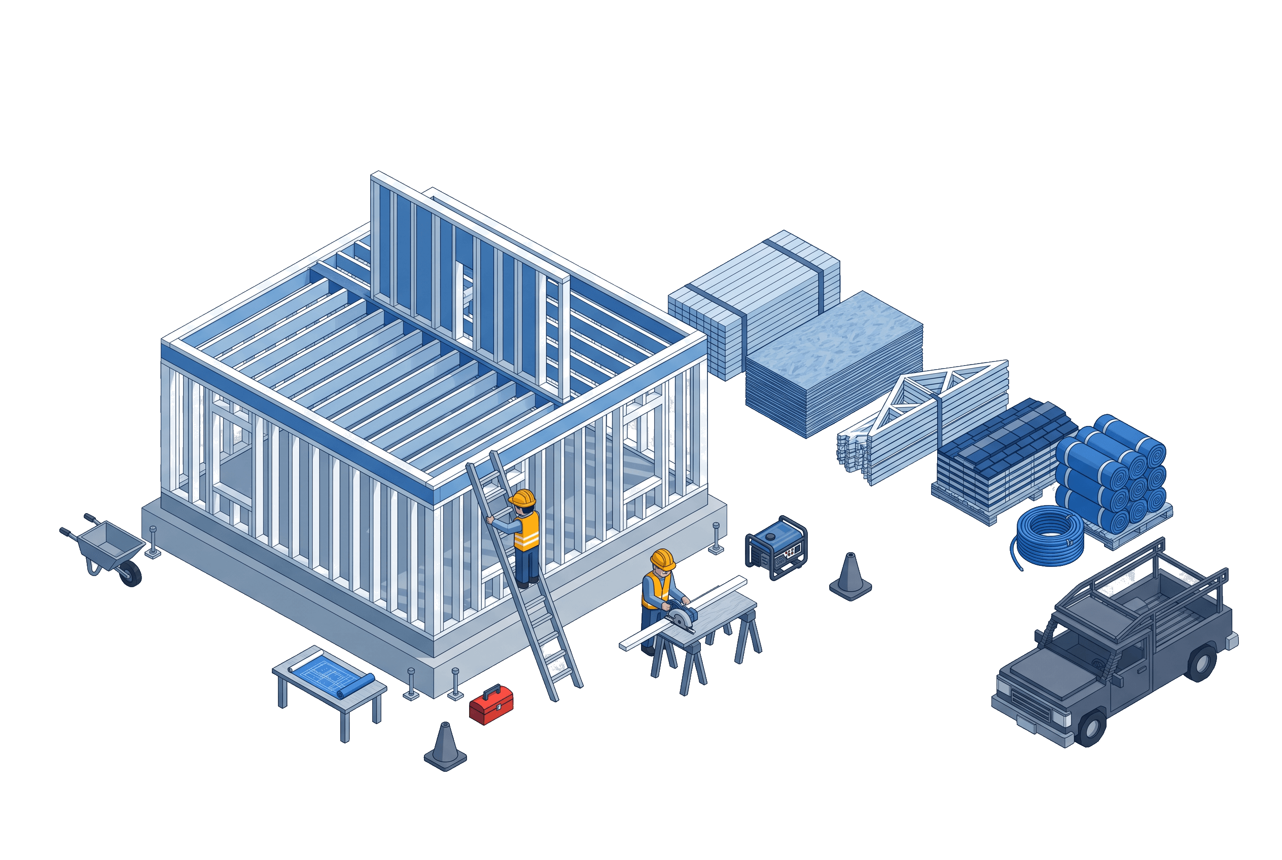 Isometric voxel illustration of a residential home being framed, with two builders in hi-vis, a pickup truck, and five stacks of construction materials in five tones of Yglu blue laid out beside the foundation.