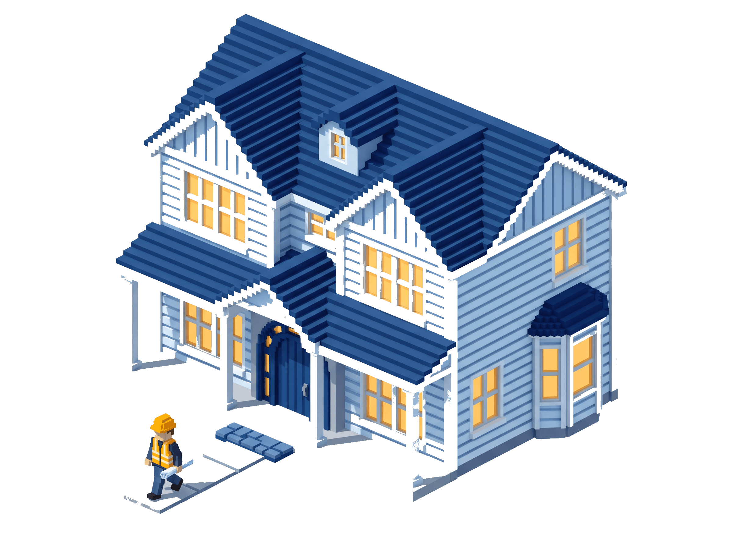 Voxel upscale two-story custom home with warm-lit windows, a covered porch, and a framer walking away with a rolled blueprint, the finished custom home.