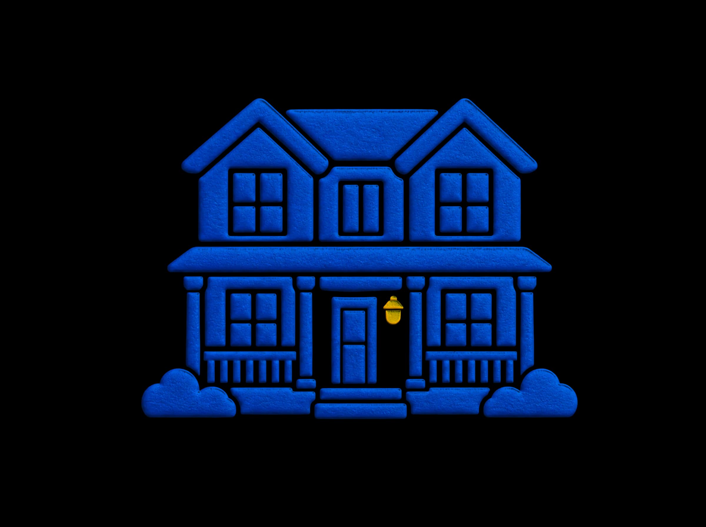Pressed-paper illustration: a two-story custom home with twin gables and a covered porch.